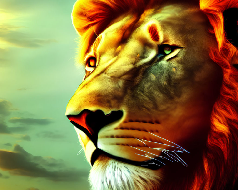 Majestic lion head digital art with vibrant sunset background