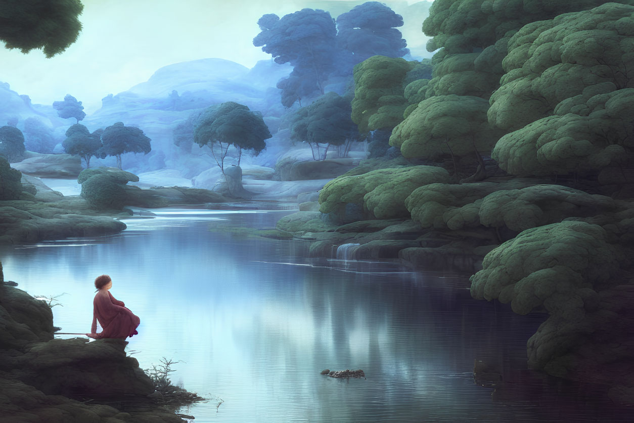Person in red robe by tranquil lake in mystical landscape