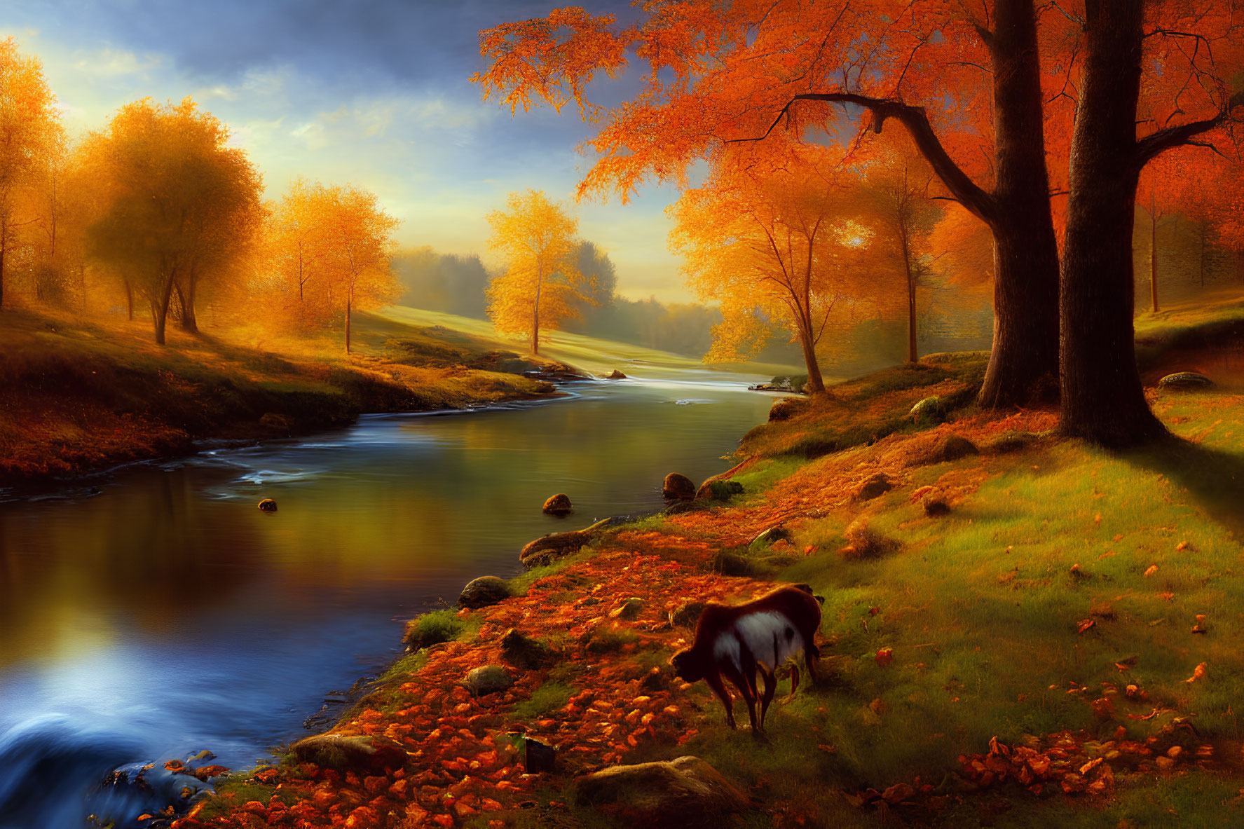 Tranquil autumn landscape with golden trees, grazing cow, and soft sunlight