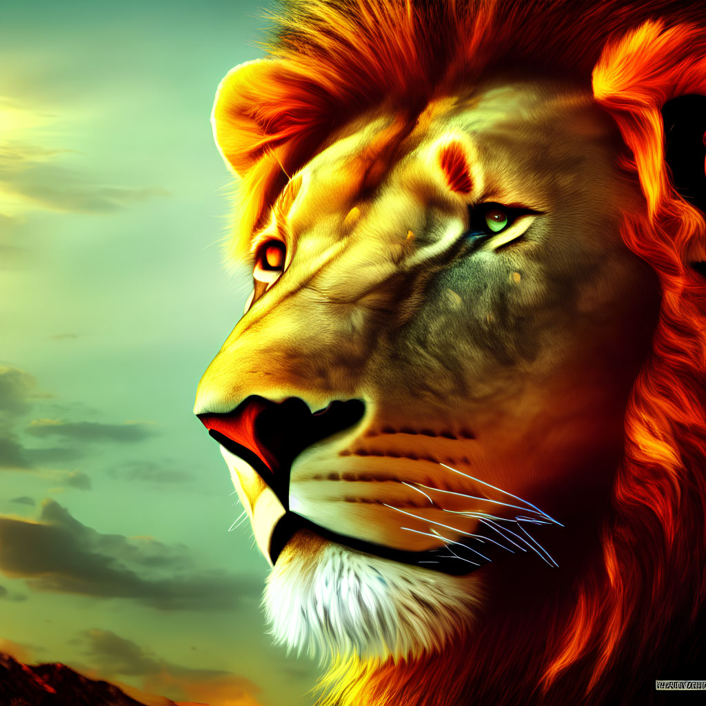 Majestic lion head digital art with vibrant sunset background