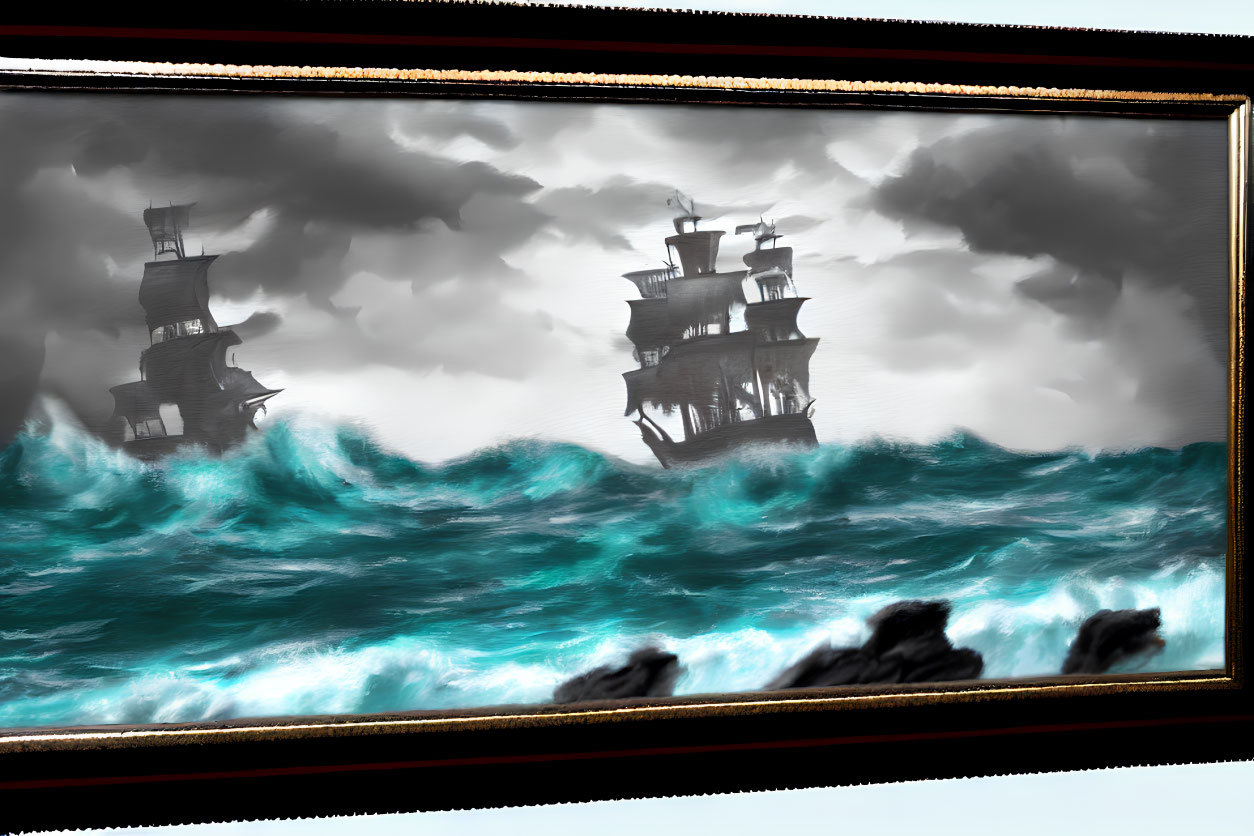 Galleon ships in stormy seas with ornate frame