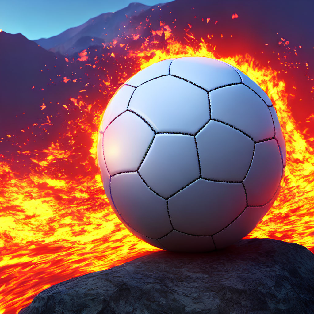 Black and white soccer ball on rock with lava backdrop