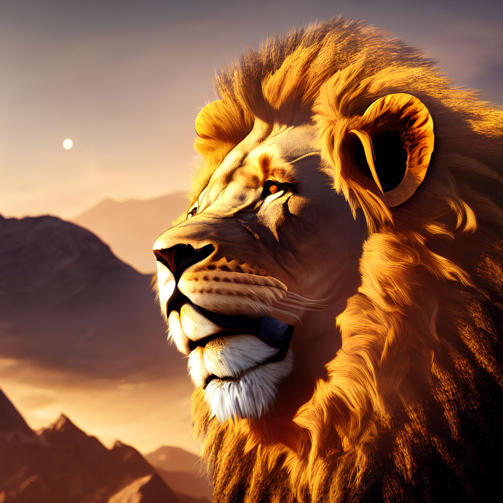 Majestic lion with full mane against mountain backdrop at sunset