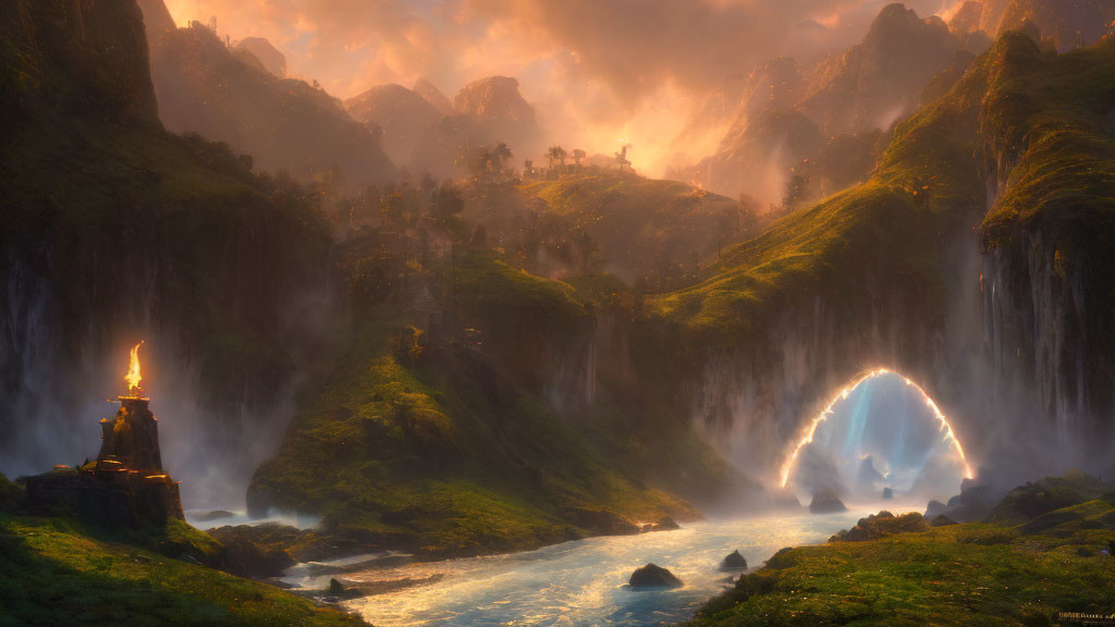 Fantasy landscape with river, waterfalls, archway, and pagoda.