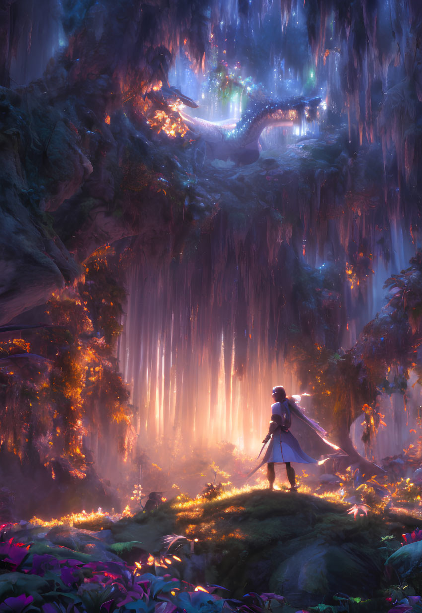 Mystical forest scene with glowing flora and serpent-like creature