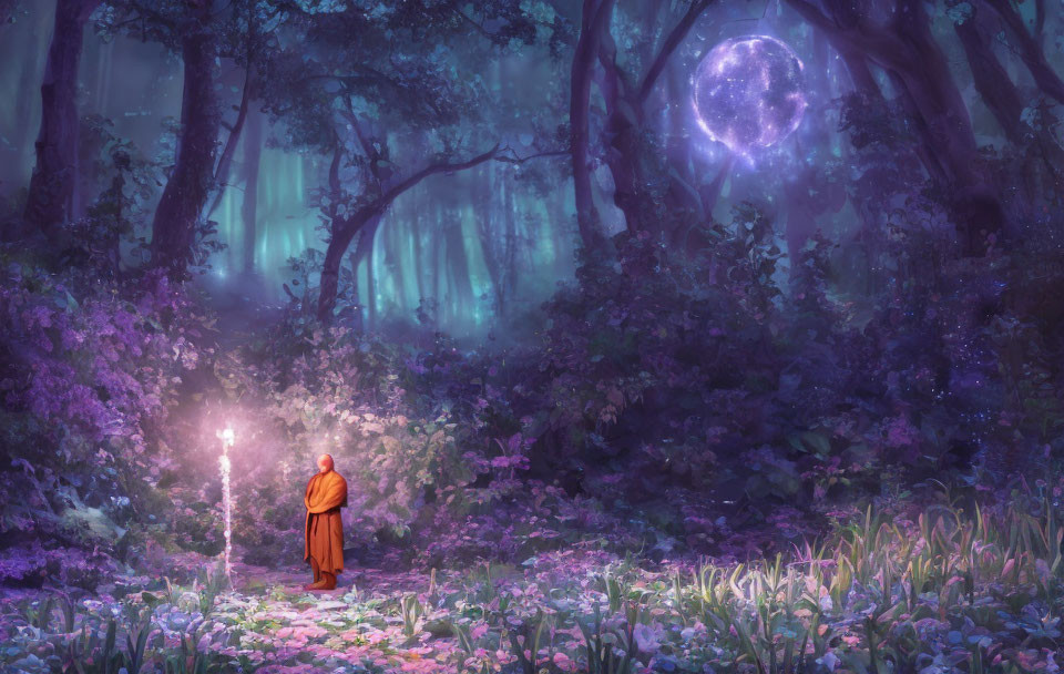 Mystical forest scene with glowing staff, robed figure, ethereal lights, and luminous