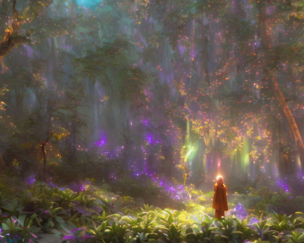 Enchanting forest scene with cloaked figure and glowing particles