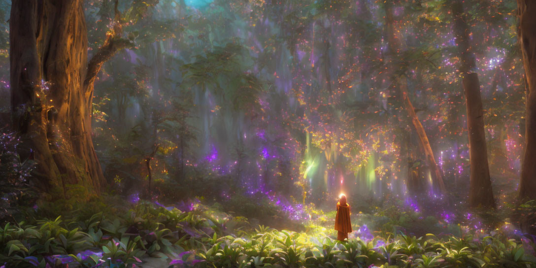 Enchanting forest scene with cloaked figure and glowing particles