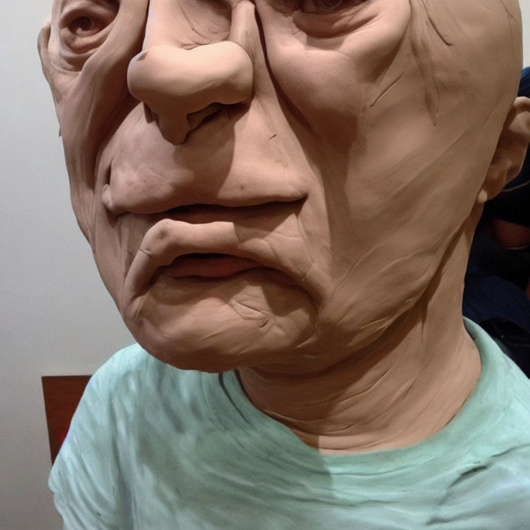 Close-up photo of person in hyperrealistic mask with exaggerated facial features