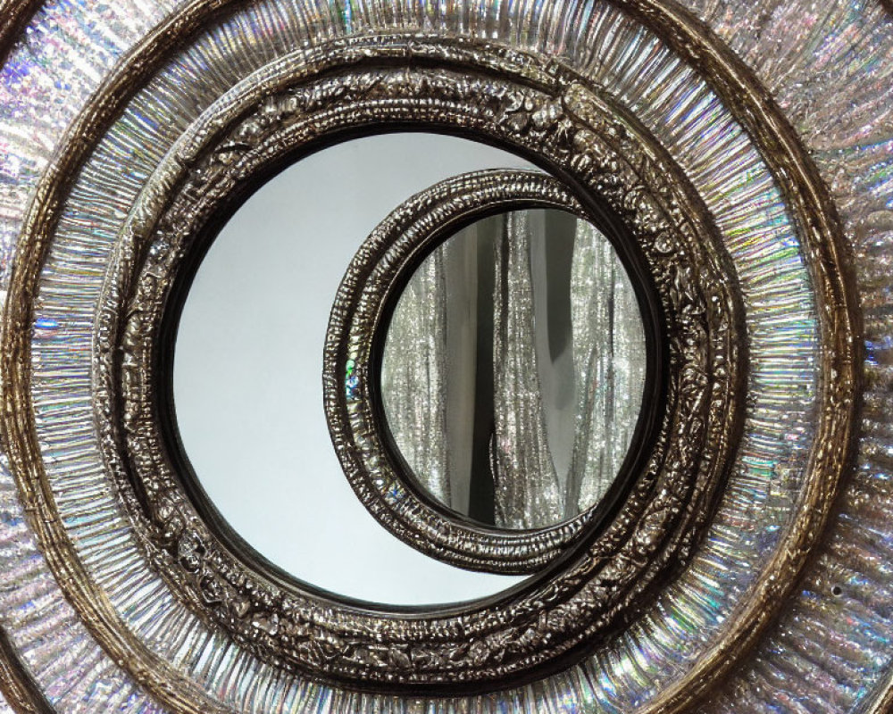 Ornate Round Mirror with Multiple Frames and Glittering Textures