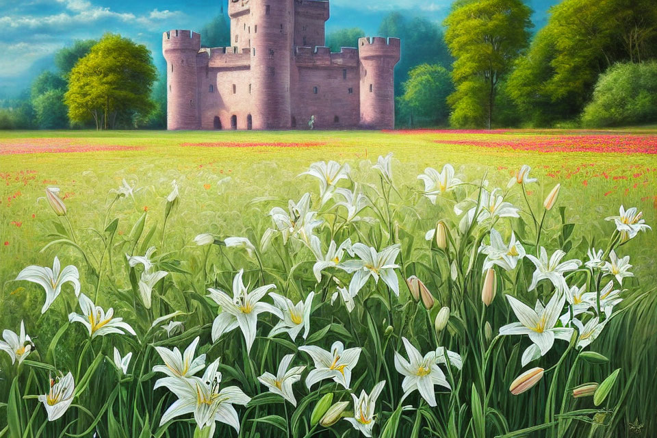 Colorful landscape with white lilies, red flowers, and ancient castle under blue sky