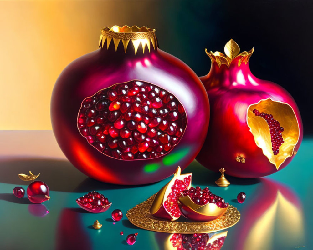 Colorful painting of pomegranates on golden plate with reflective surface