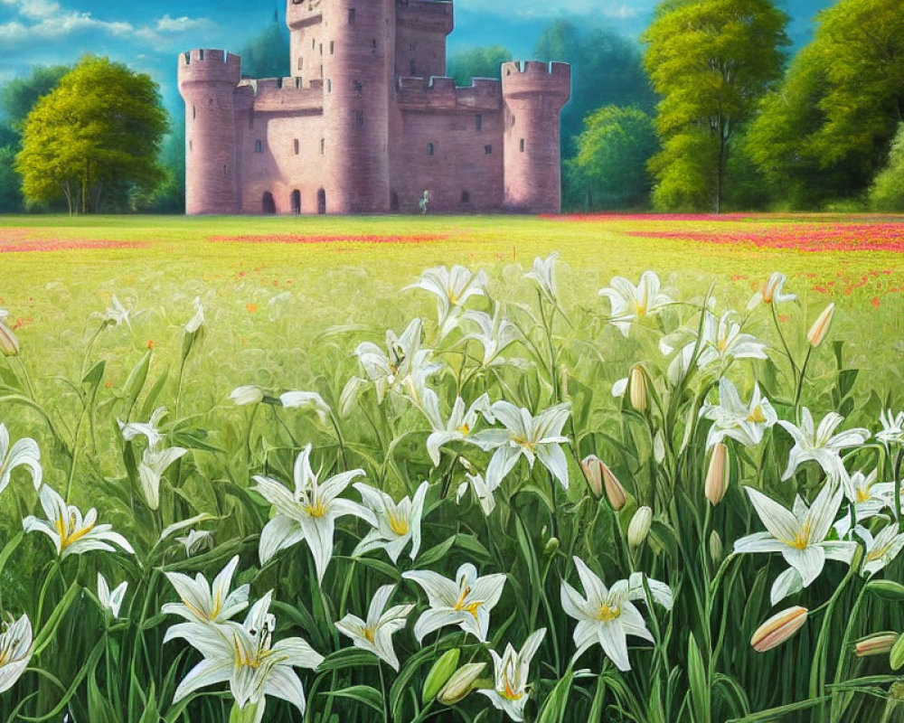 Colorful landscape with white lilies, red flowers, and ancient castle under blue sky