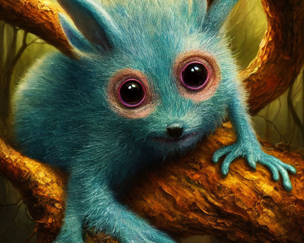 Blue fluffy creature with pink eyes on tree branch: Enchanting and curious presence