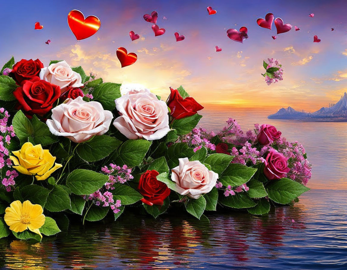 Colorful Rose Bouquet and Heart Balloons in Sunset Landscape