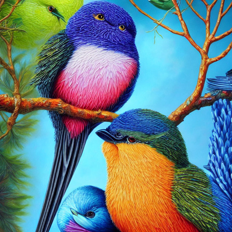 Vibrant Birds with Colorful Plumage on Branches