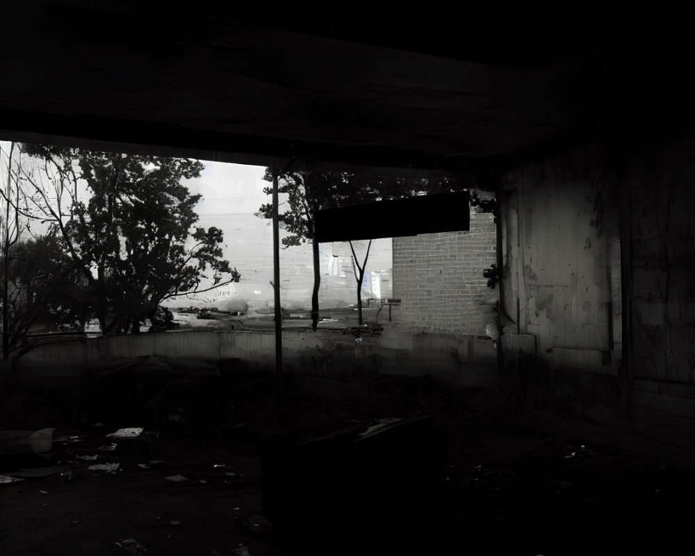 Desolate interior with debris, open wall to trees, dark ambiance
