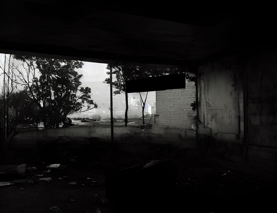 Desolate interior with debris, open wall to trees, dark ambiance