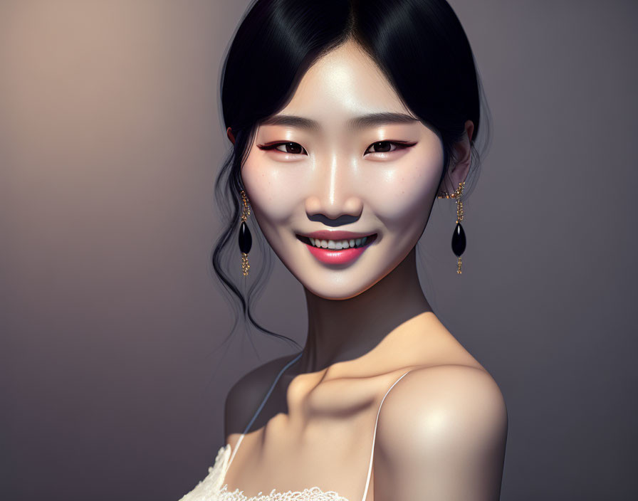 Smiling woman digital artwork with fair skin and black hair