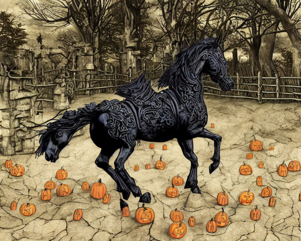Stylized black horse with intricate patterns among pumpkins and bare trees