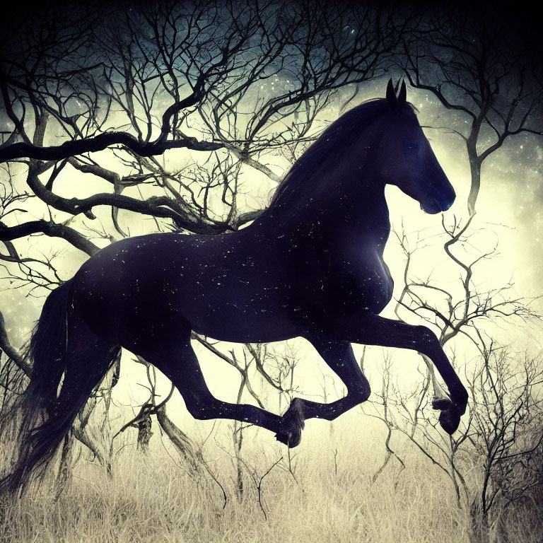 Majestic black horse galloping in mystical forest