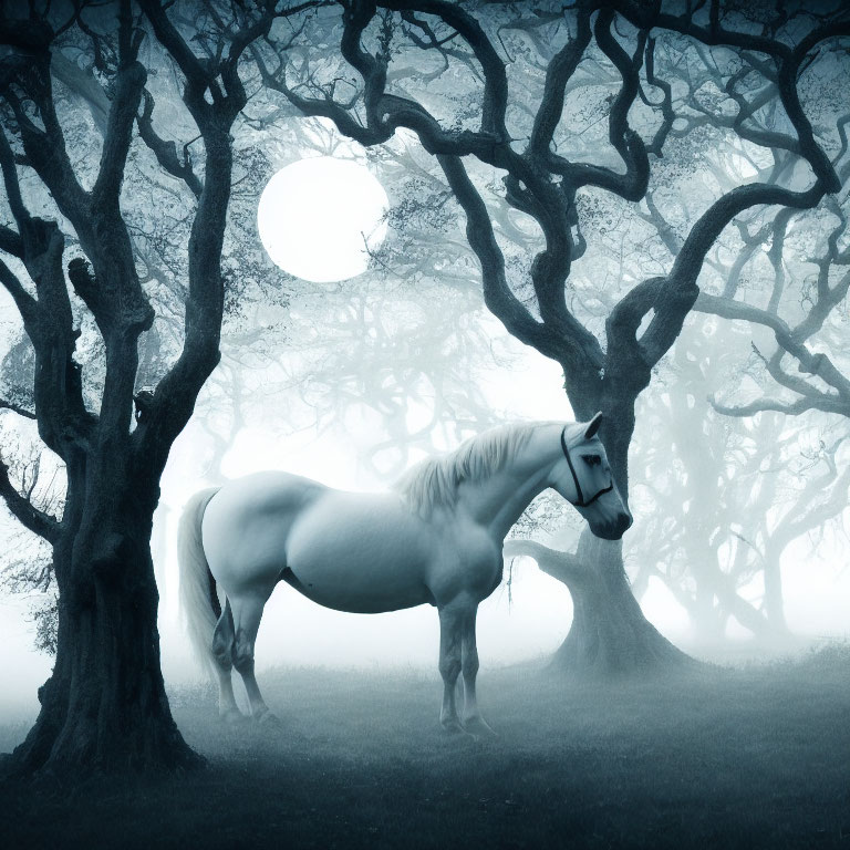 Mystical white horse in foggy forest under pale moon