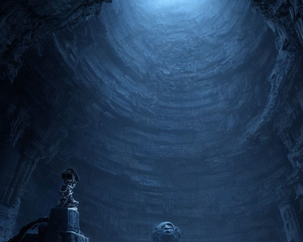Mysterious figures and ornate statue in dimly lit cavern