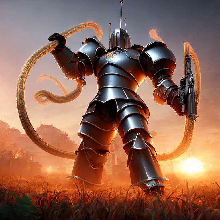 Metallic Knight with Robotic Features and Tentacle-like Cables at Sunrise