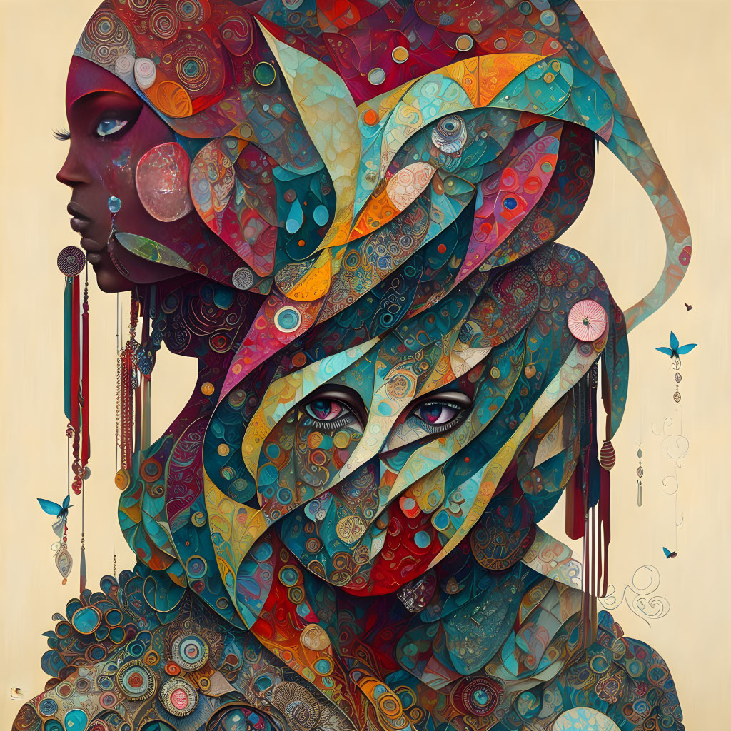 Colorful digital artwork featuring stylized figures with intricate patterns.