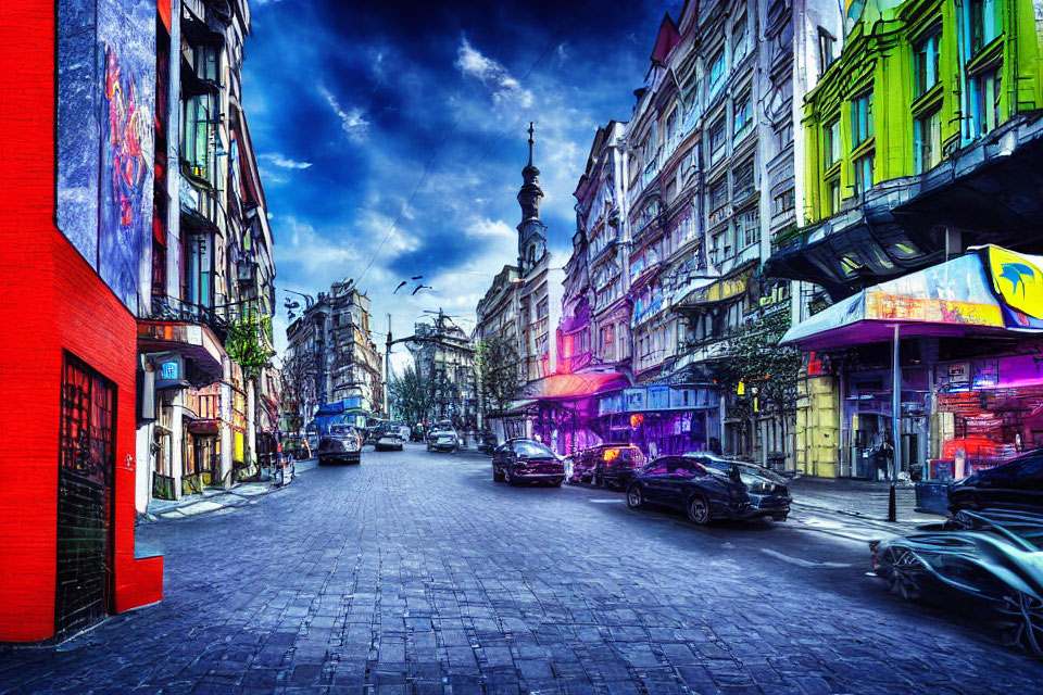 Colorful cobblestone street with vibrant buildings and parked cars under a dynamic sky