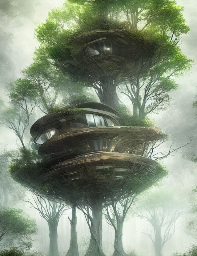 Spiraling futuristic treehouses in misty green forest
