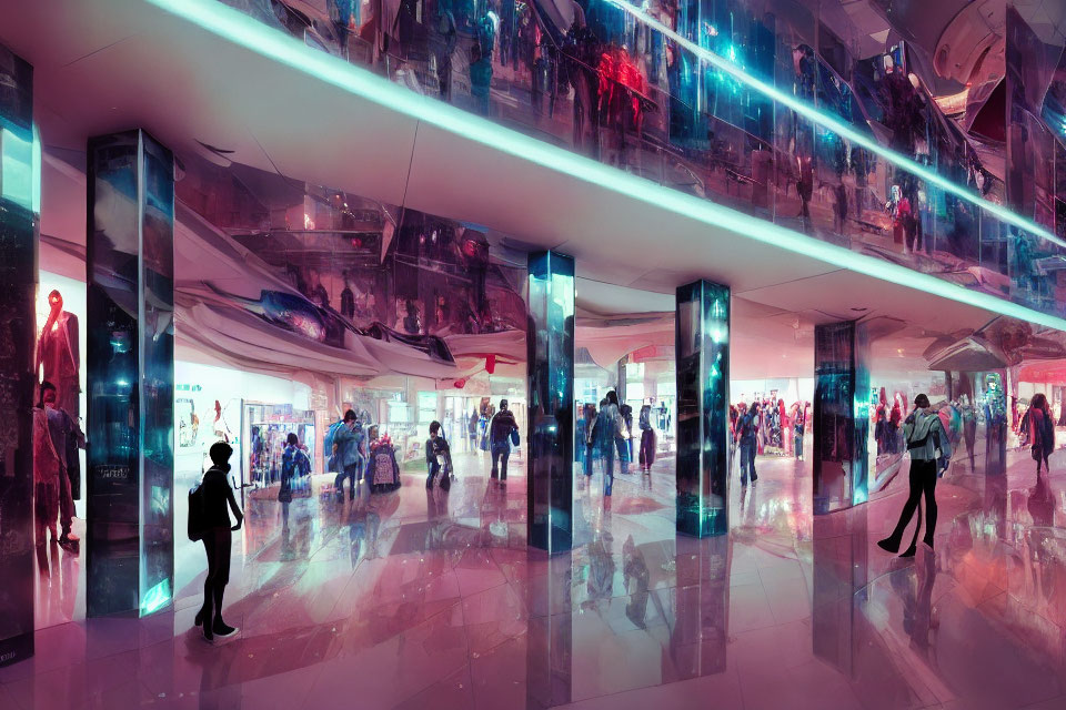 Neon-lit futuristic mall interior with reflective surfaces and vibrant atmosphere
