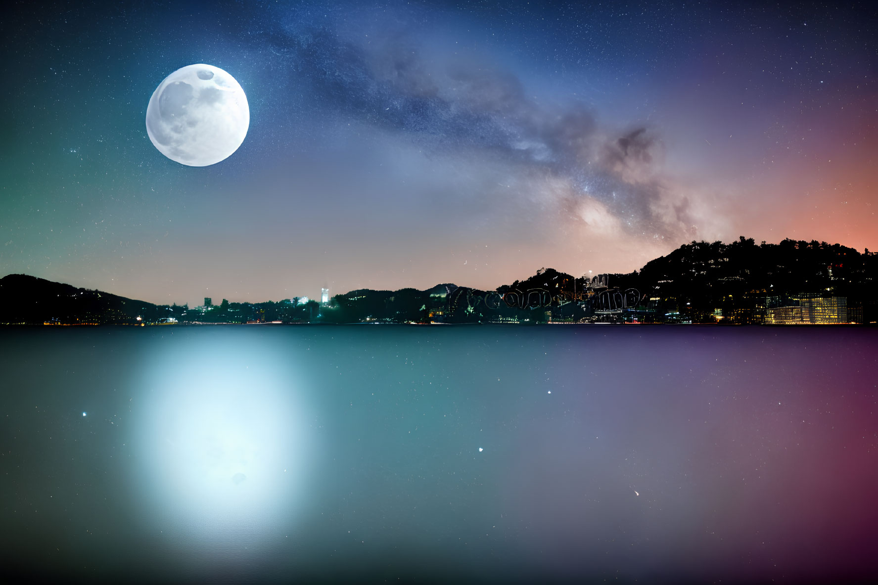 Serene coastal city nightscape with moonlit bay