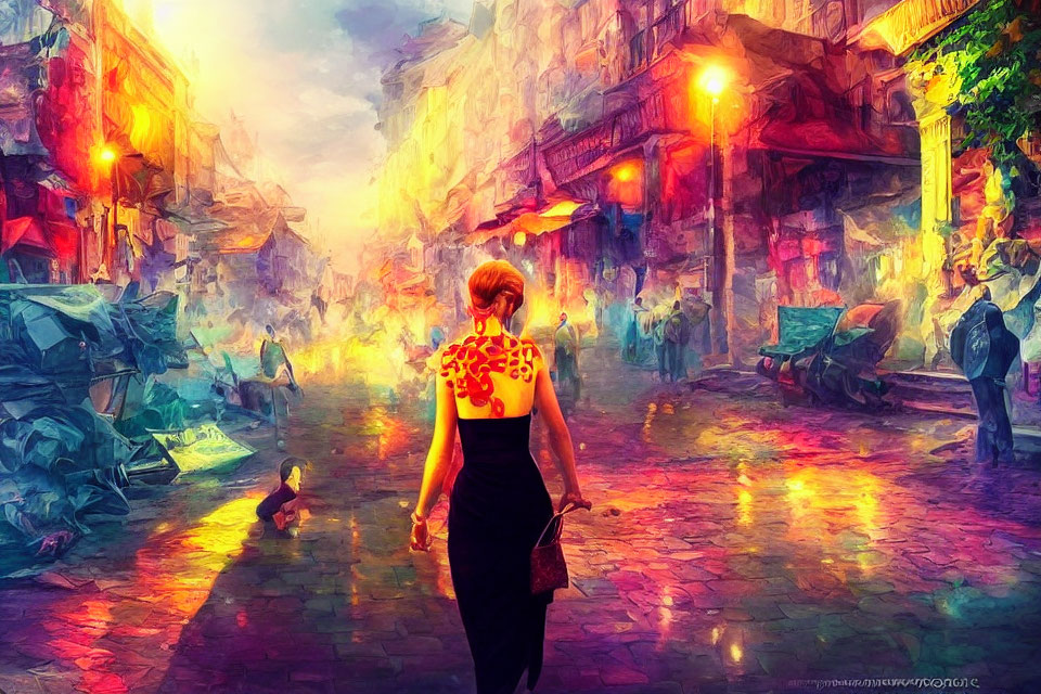 Woman in Black Dress with Red Design Walking Down Colorful Street in Sunlight