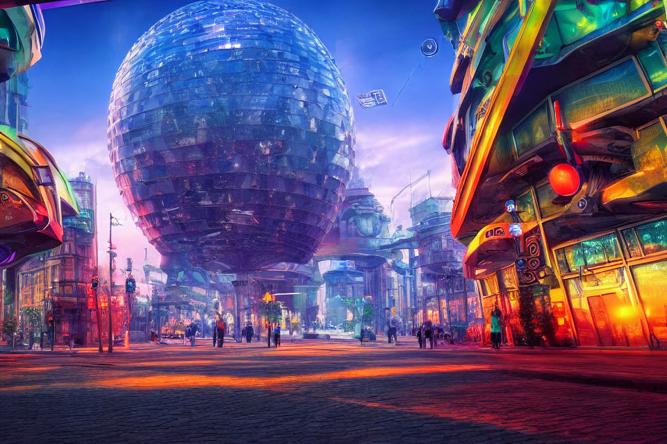 Futuristic cityscape at dusk with neon signs and floating orb