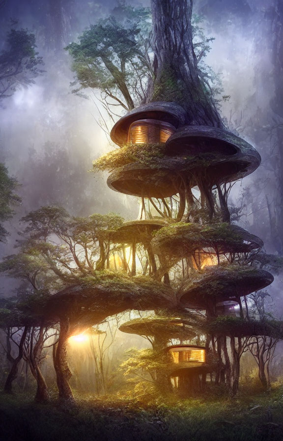 Mystical treehouse with glowing windows in ancient tree forest