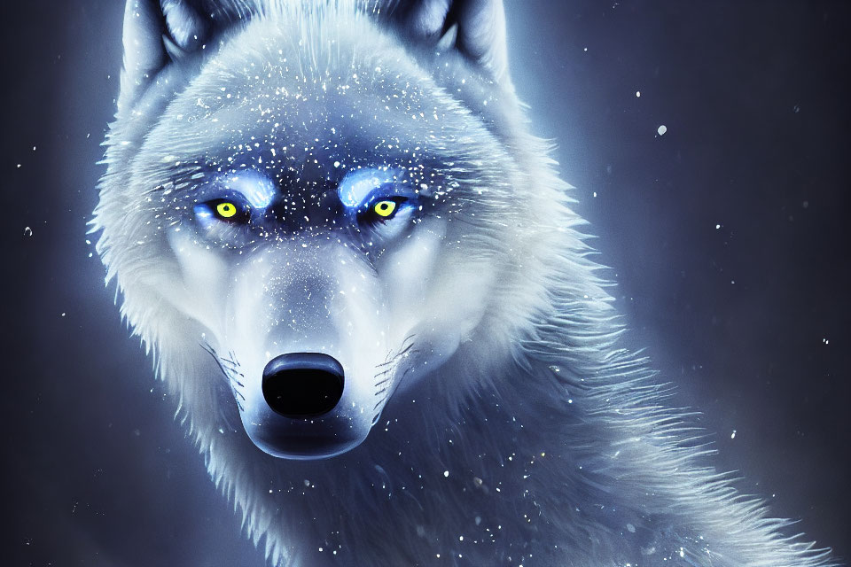 Mystical digital art of a blue-eyed wolf in a bluish aura.