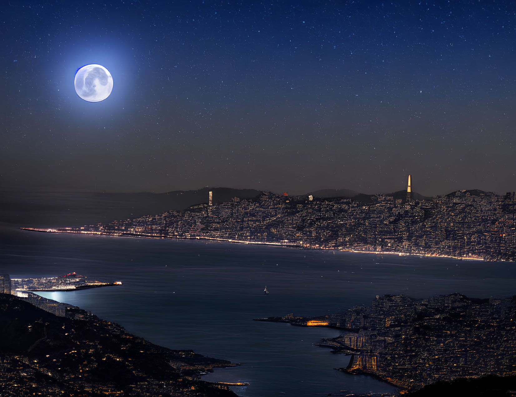 Nighttime Cityscape: Coast Lights, Full Moon, Stars