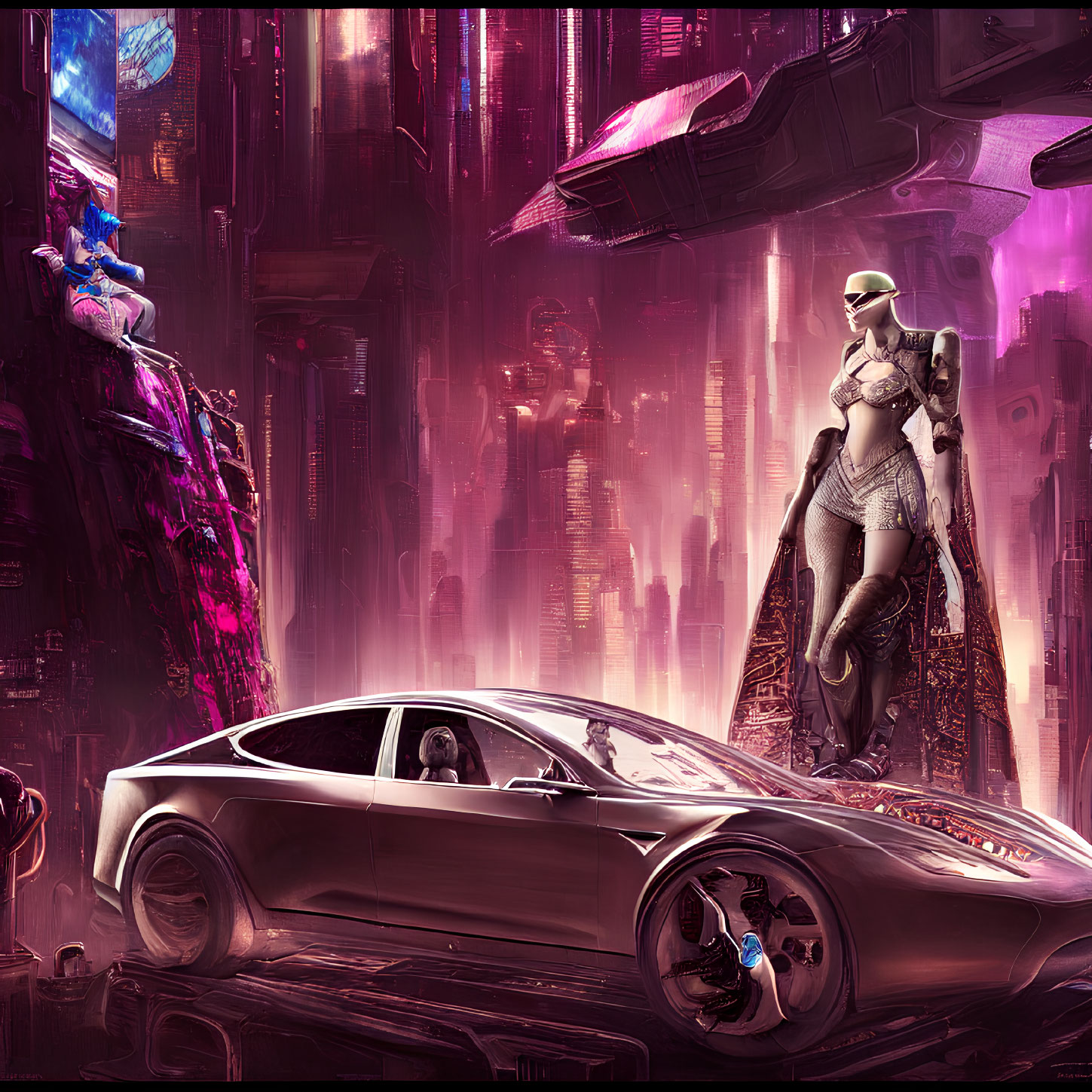 Futuristic cityscape with neon signs, sleek car, humanoid figure, and blue alien.