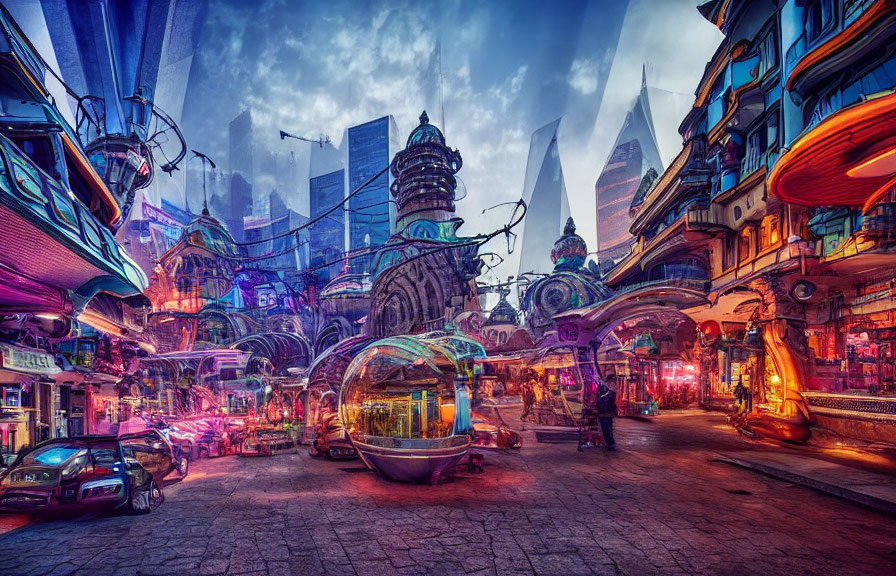 The evening streetscape of Kyiv in 2050
