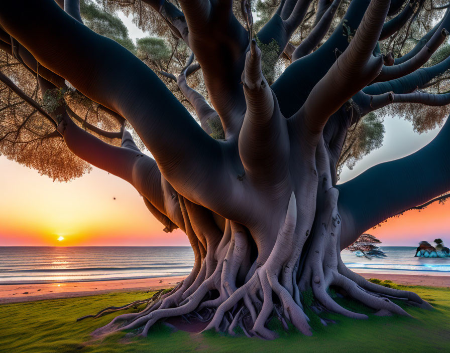 Giant tree with intricate roots on grassy knoll overlooking serene beach at sunset