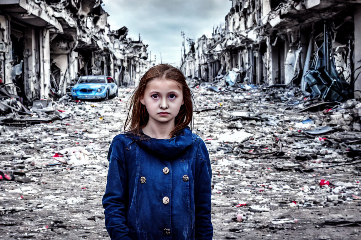 Young girl in blue jacket amidst desolate street ruins