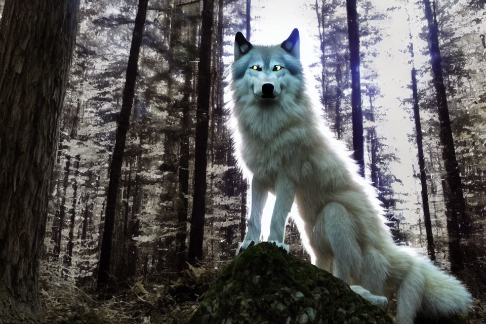 White wolf with blue eyes in misty forest with tall trees.