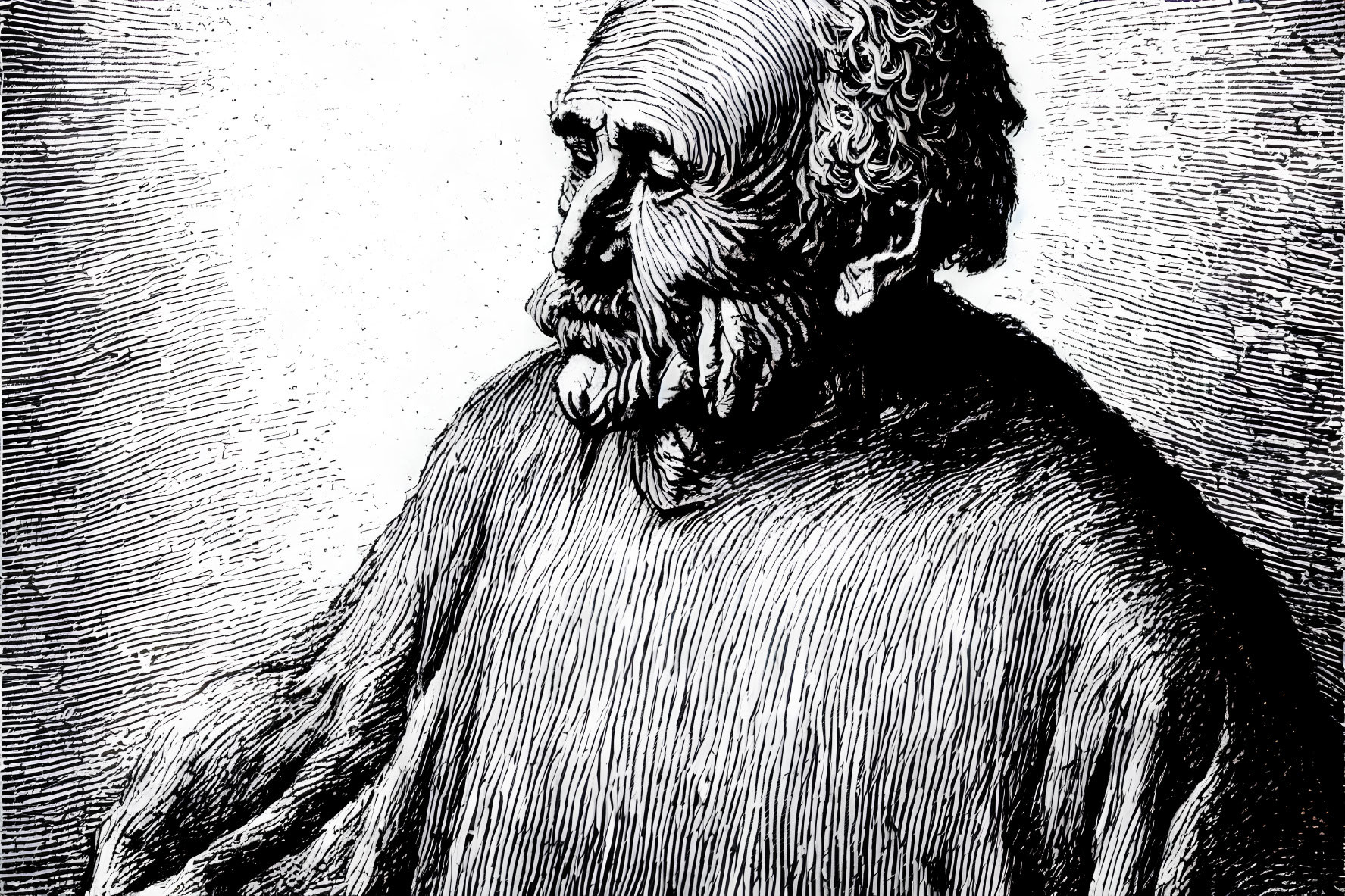 Engraved profile portrait of elderly bearded man in draped clothing