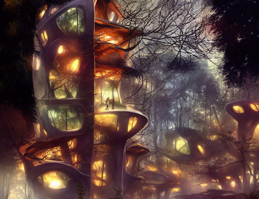 Misty forest scene with illuminated structures and person on bridge