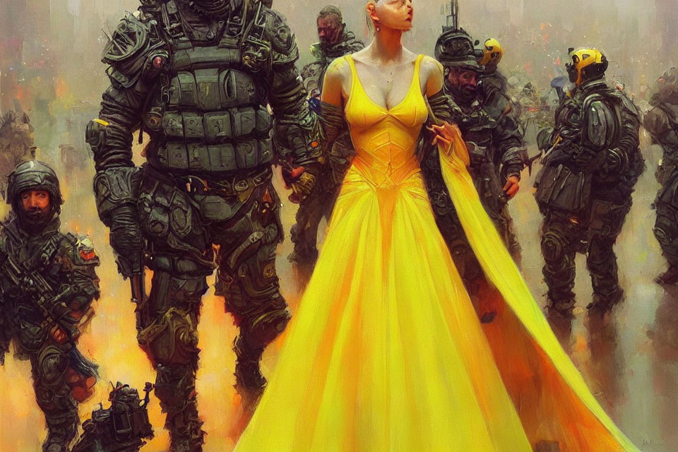 Woman in Yellow Dress Stands Out Among Armored Soldiers in Dystopian Scene