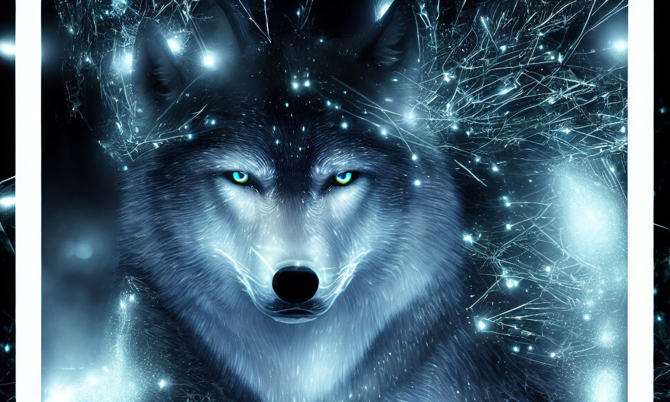 Mystical wolf with glowing blue eyes in starry forest landscape