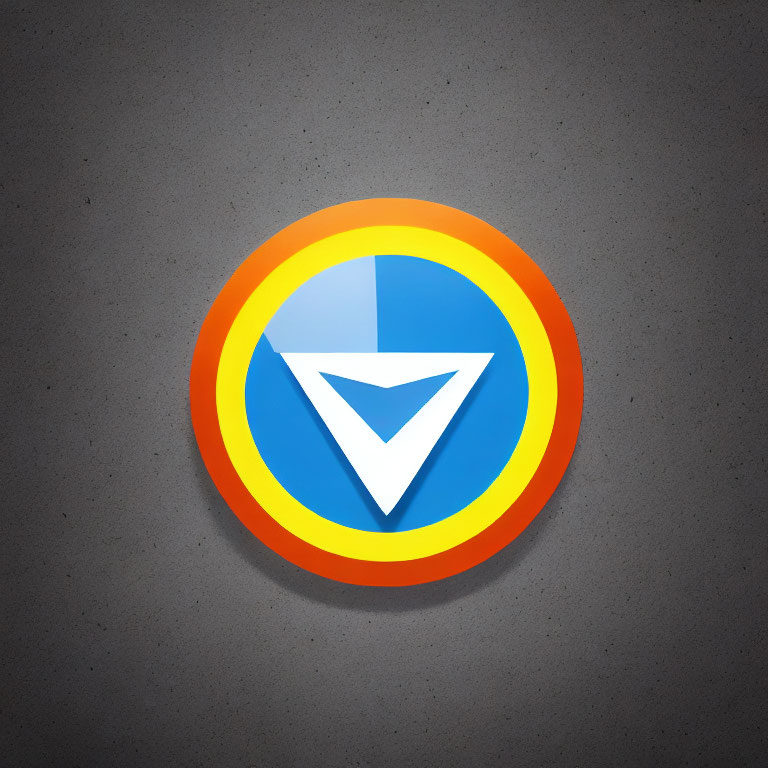 Circular emblem with blue downward arrow on grey background