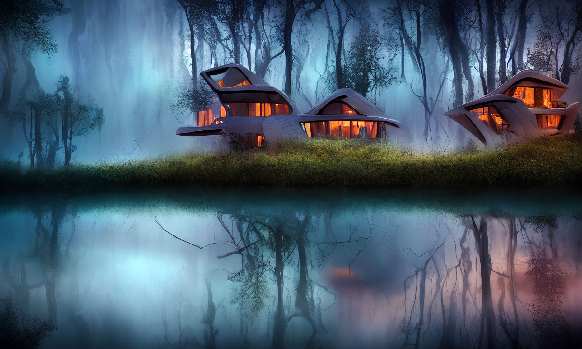 Futuristic Glowing Houses by Tranquil Lake and Blue Forest