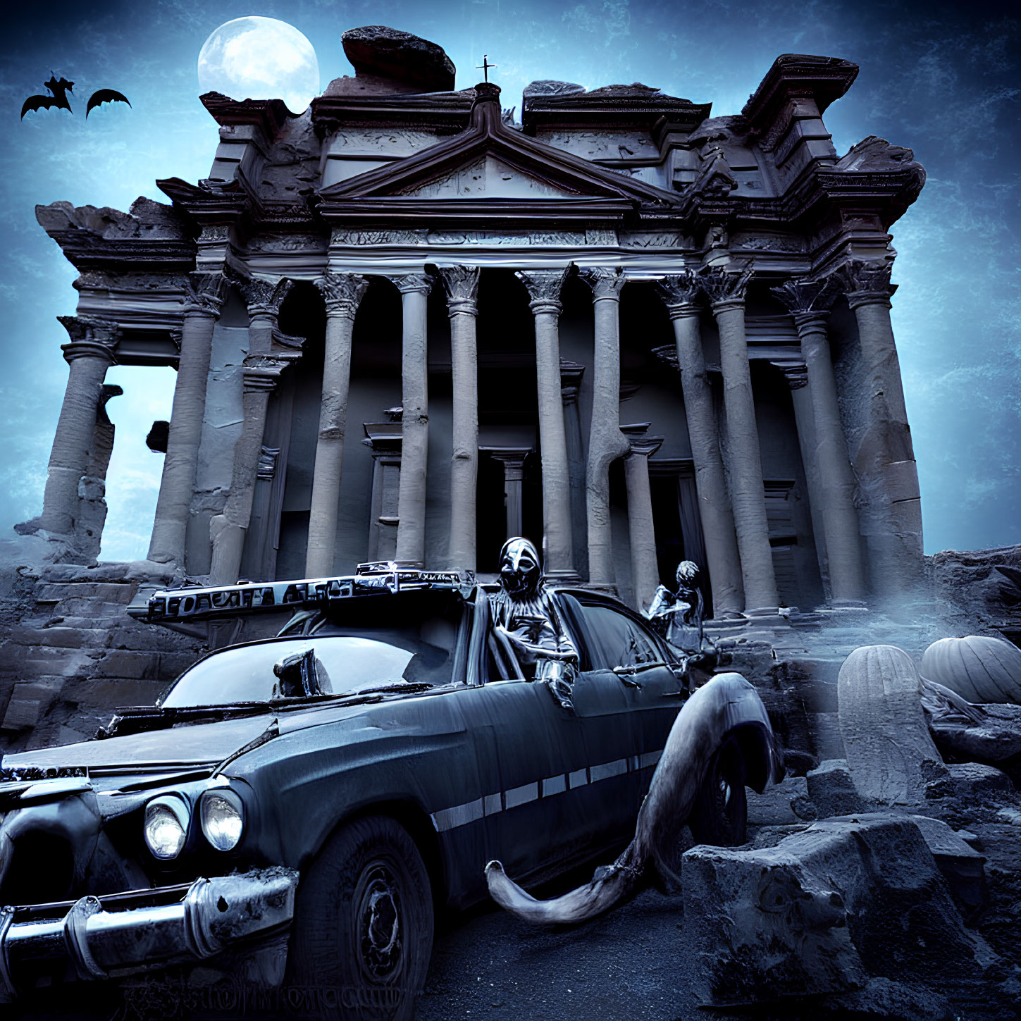 Gothic scene: skeletons in hearse at ancient temple with flying bats